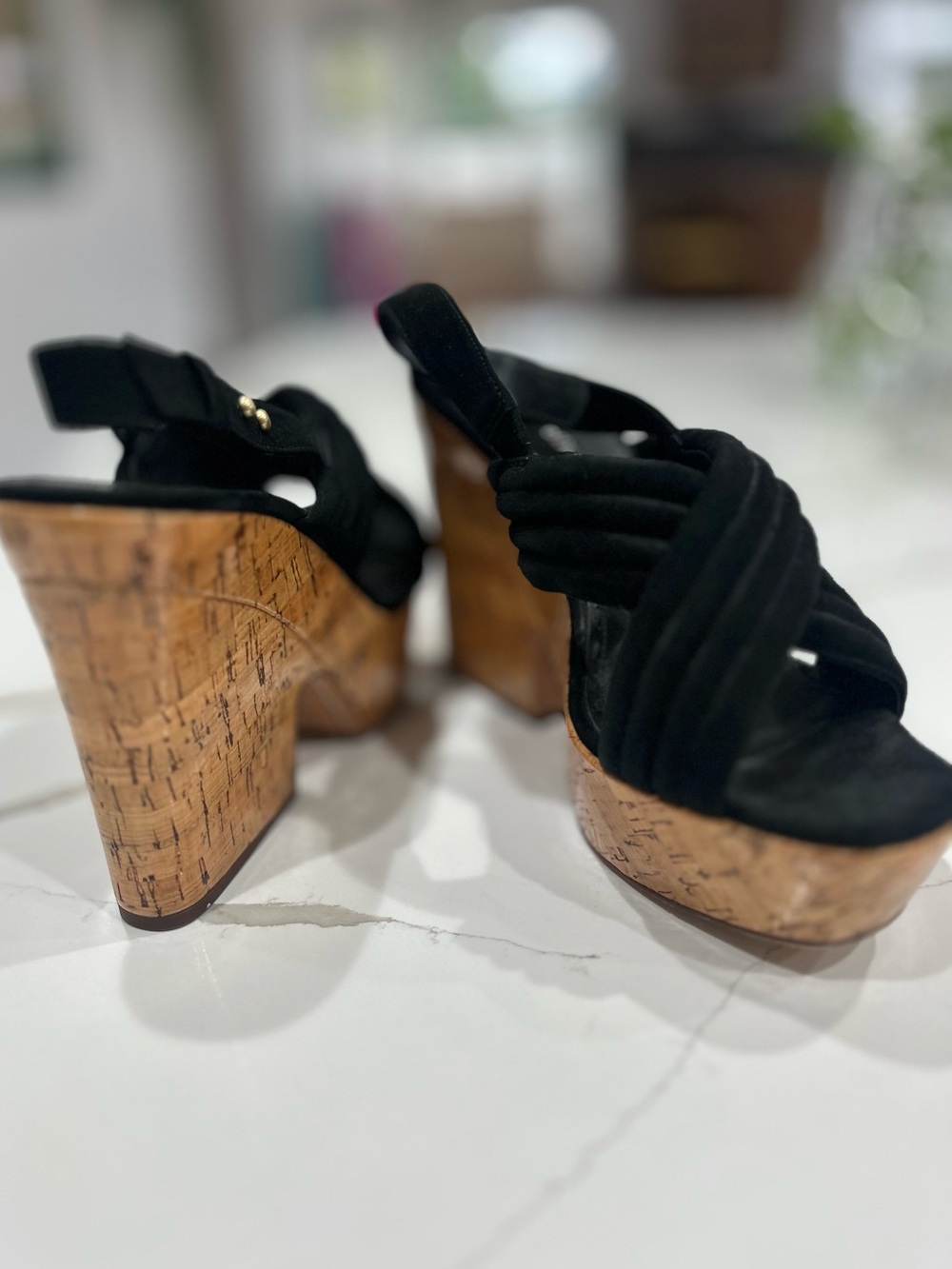 Alice + Olivia Charlize Black Suede Cork Platform Wedge Sandals
